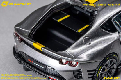GLAMCRAFT 1:64 Ferrari 812 Competizione Grey with Yellow Stripe diecast model rear detail with opening hatch, carbon fiber diffuser and taillights