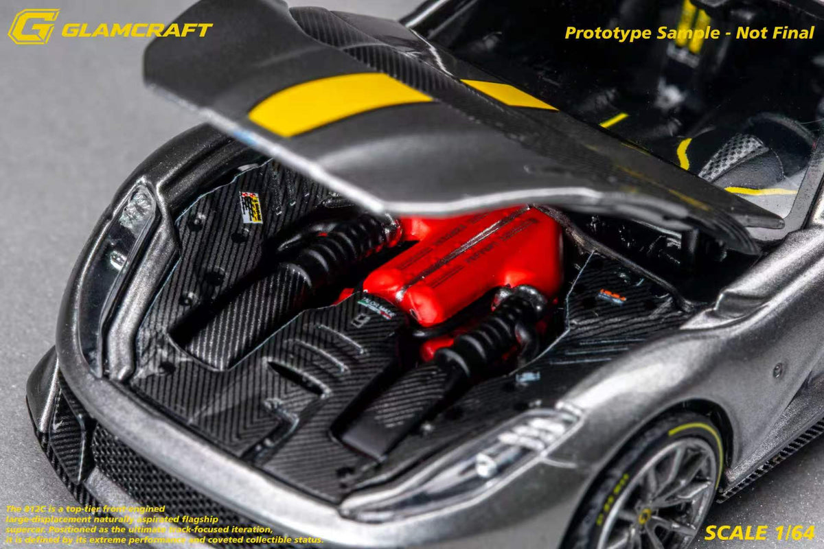 GLAMCRAFT 1:64 Ferrari 812 Competizione Grey with Yellow Stripe diecast model engine bay close-up with opening hood and detailed V12 engine