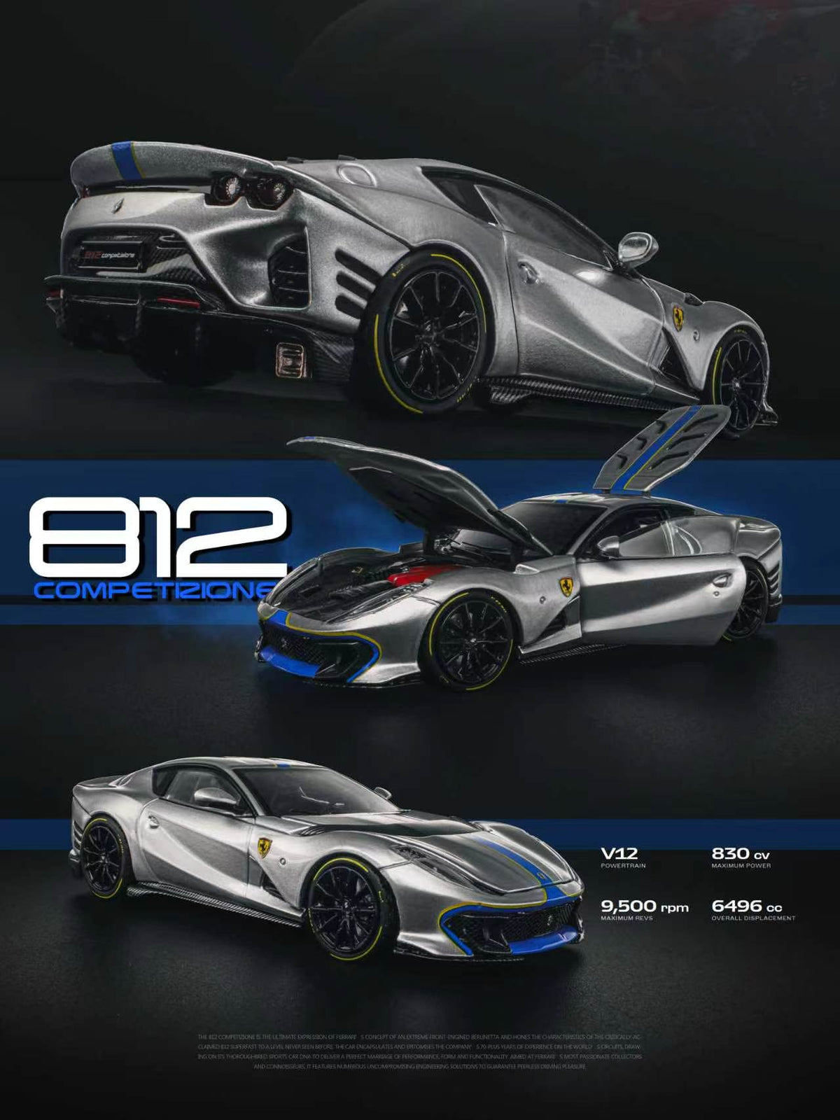 GLAMCRAFT 1:64 Ferrari 812 Competizione Silver with Blue Stripes diecast model car, multiple views with opening hood, doors and rear hatch