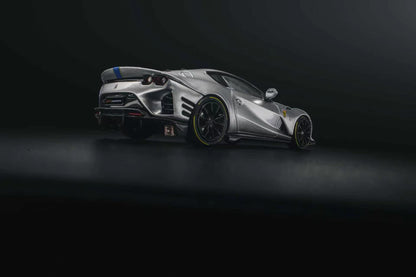 GLAMCRAFT 1:64 Ferrari 812 Competizione Silver with Blue Stripes diecast model car rear three-quarter view with carbon fiber details