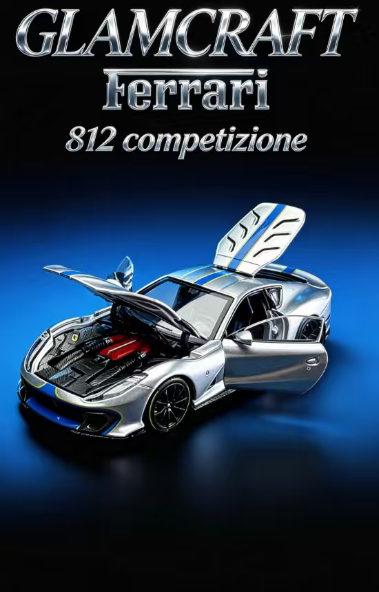 GLAMCRAFT 1:64 Ferrari 812 Competizione silver diecast model with blue racing stripes, opening hood, doors and rear hatch