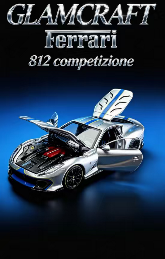 GLAMCRAFT 1:64 Ferrari 812 Competizione silver diecast model with blue racing stripes, opening hood, doors and rear hatch