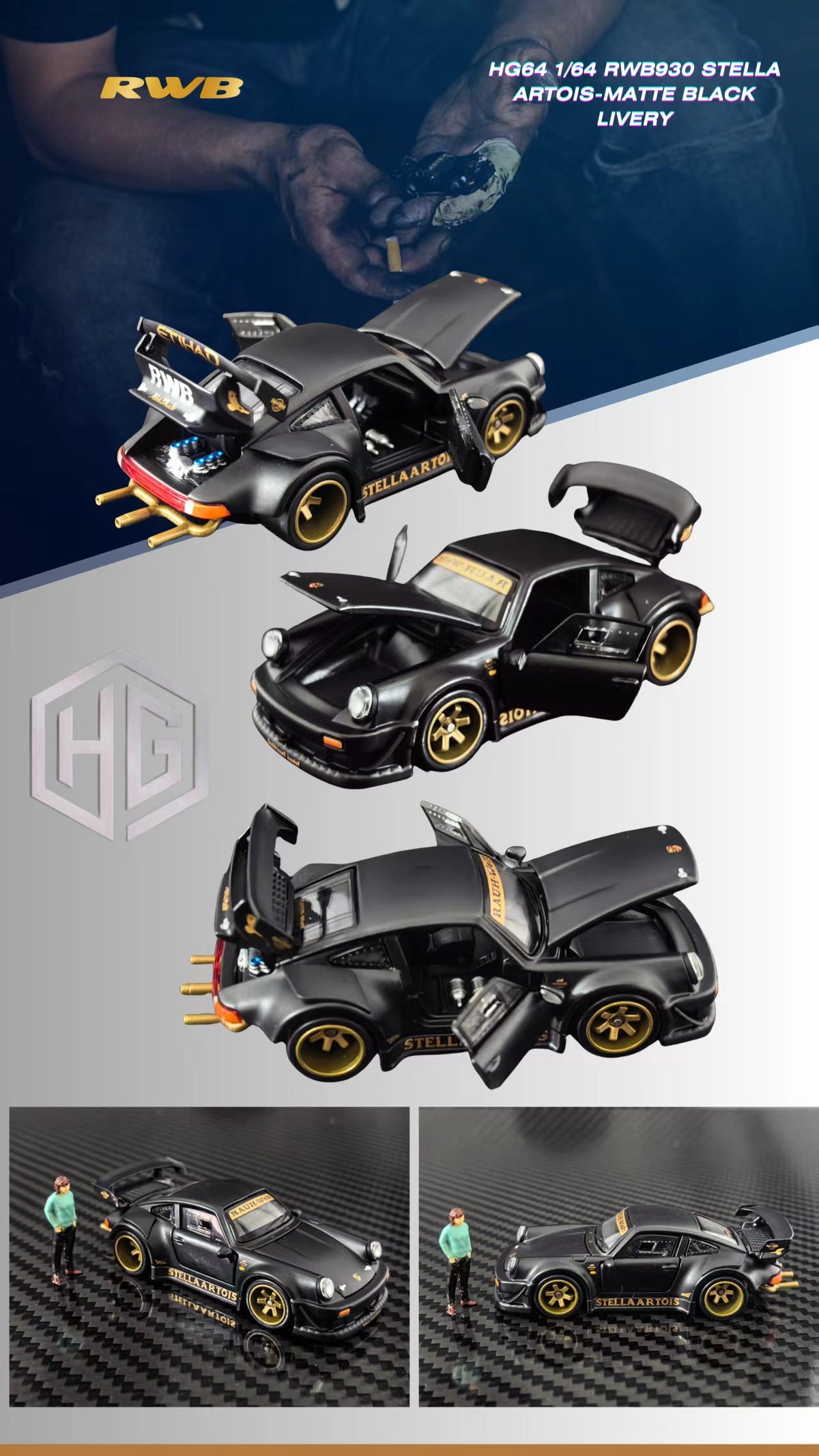HG Model 1:64 RWB 930 Stella Artois Matte Black diecast car model with gold wheels, opening hood, doors and rear engine cover, large rear wing, and miniature figure.