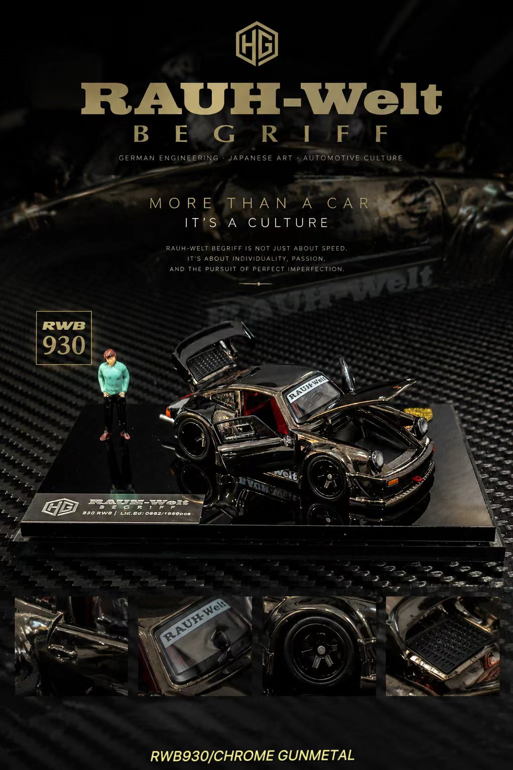 RAUH-Welt RBW930 chrome gunmetal drift car model kit on a black textured display base with a small driver figure, shown with branding text and close-up detail views.