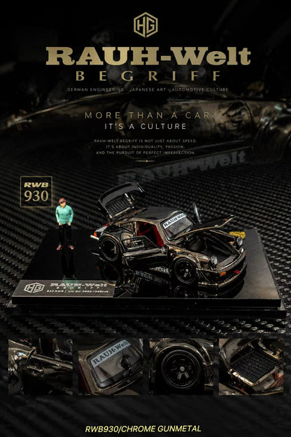 RAUH-Welt RBW930 chrome gunmetal drift car model kit on a black textured display base with a small driver figure, shown with branding text and close-up detail views.