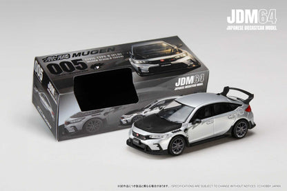 Model of a silver and black Honda Civic Type R car, with a large rear spoiler, next to an open, branded box. Tone is sleek and collectible.
