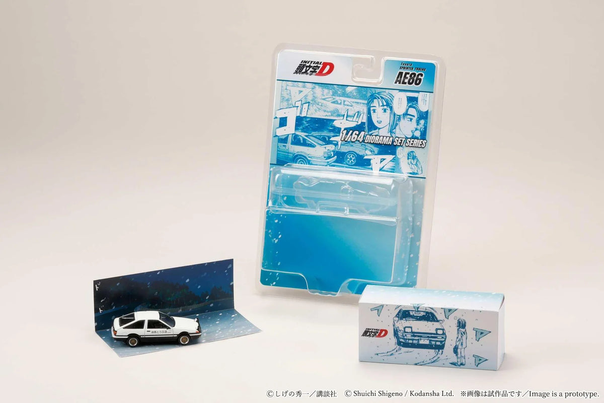 Hobby Japan 1:64 Toyota Sprinter Trueno AE86 Initial D Takumi Fujiwara and Natsuki Mogi winter diorama set with model car, backdrop and packaging
