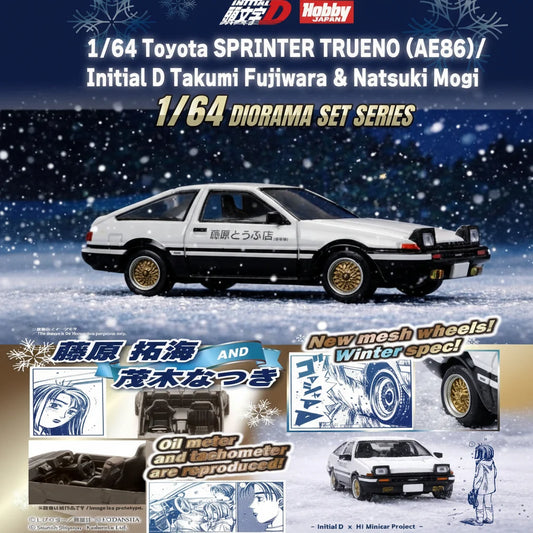 Hobby Japan 1:64 Toyota Sprinter Trueno AE86 Initial D Takumi Fujiwara and Natsuki Mogi winter diorama set with white black AE86 model car