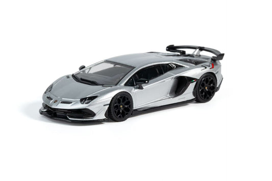 Model of a silver lamborghini svj on a white background