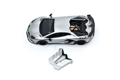 Silver Lamborghini car model and stand on a white background