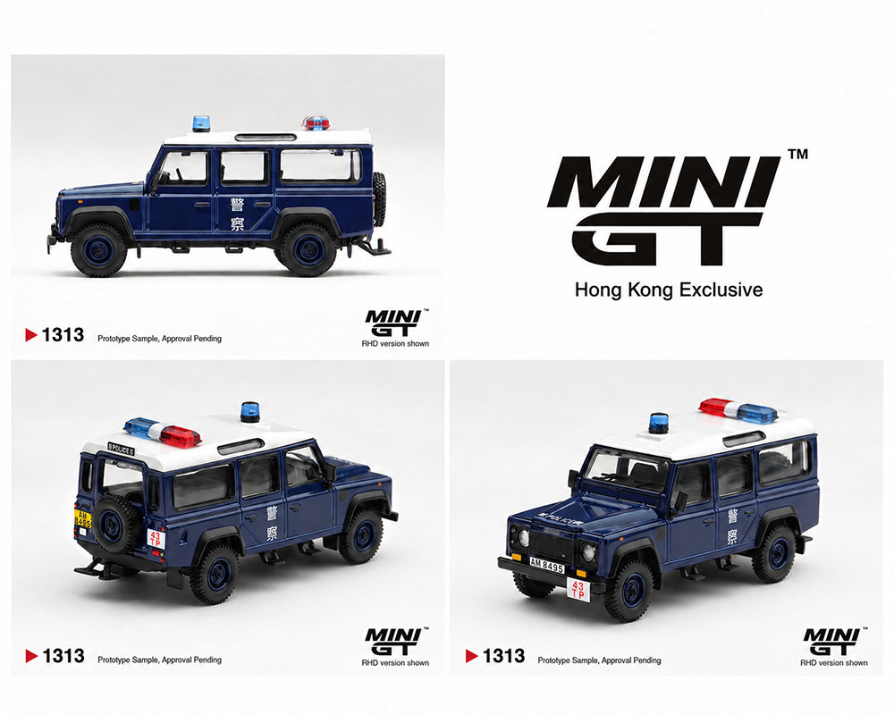 MINI GT 1:64 Land Rover Defender 110 Hong Kong Police Hong Kong Exclusive Diecast Model Car MGT01313-BL featuring dark blue police livery, white roof, red and blue emergency lights, and right-hand drive.