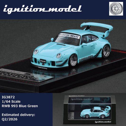 Light blue model car on a black display stand with 'ignition model' branding.