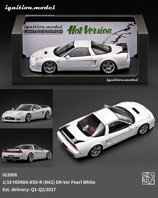 A boxed 1/18 scale model car of a white Honda NSX-R (NA2) DK-Ver Pearl White, shown in its packaging with three smaller product views on a dark gray background. The box features the brand name 'ignition_model' and 'Hot Version' text.
