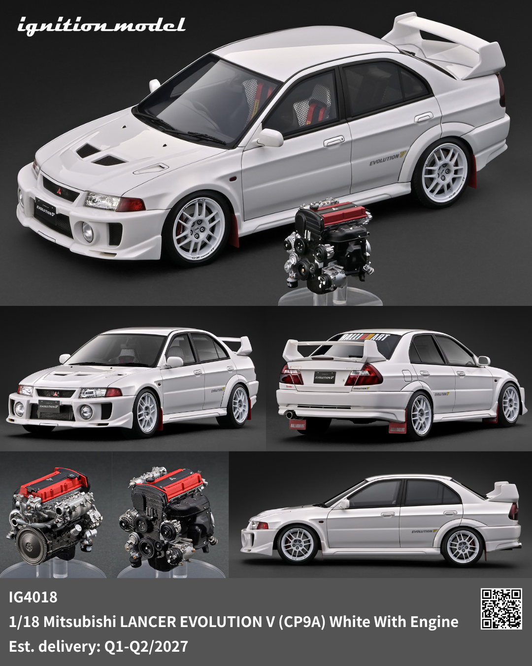 A collage showing a white 1/18 scale model of a Mitsubishi Lancer Evolution V (CP9) with engine details and multiple three-quarter views of the car on a dark gray background. The brand 'Ignition Model' is visible in the top left.