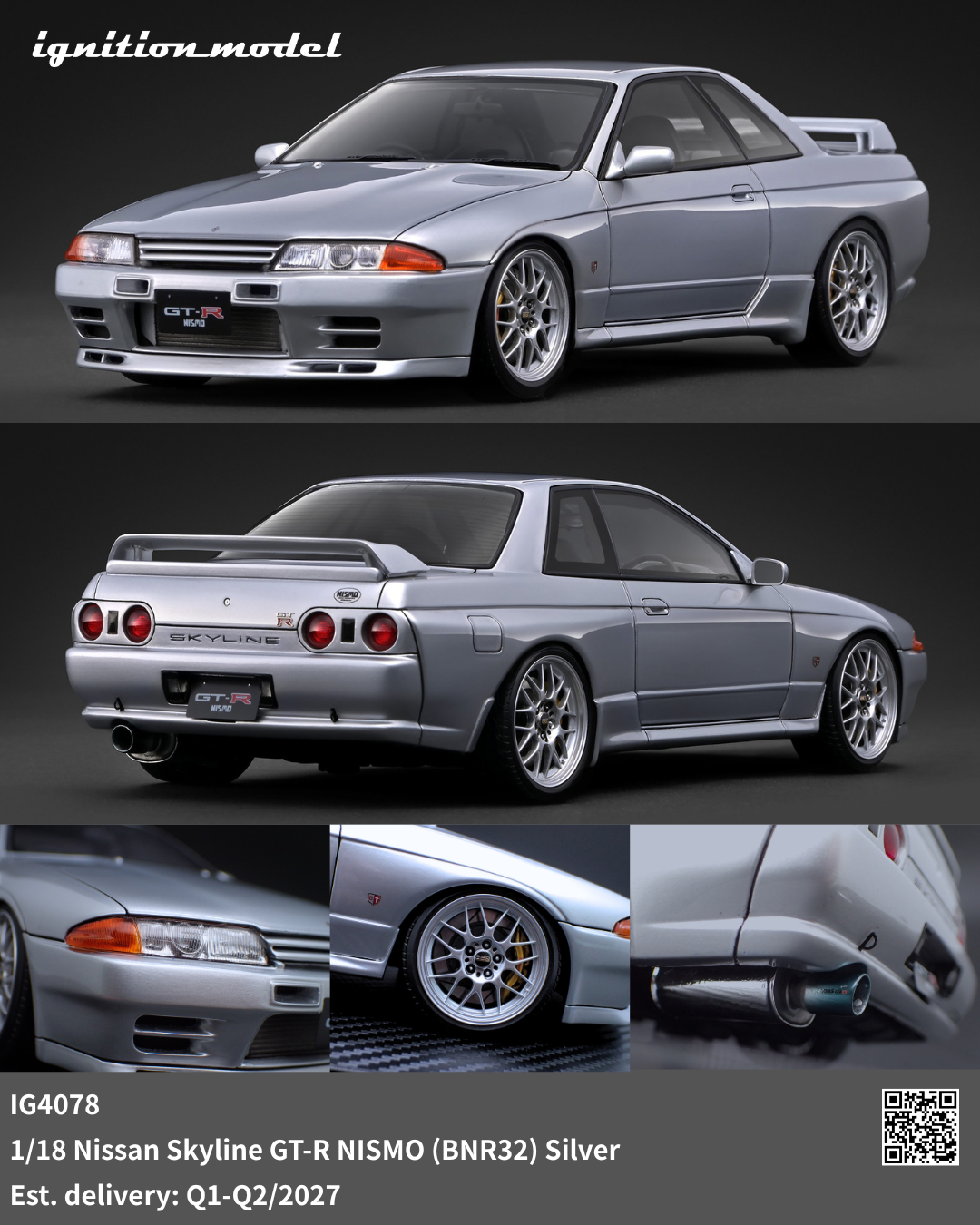 A 1/18 scale model car of a silver Nissan Skyline GT-R NISMO, shown in multiple views including front, rear, and close-ups of the wheel and exhaust. The image is branded with 'ignition_model' and contains product code 'IG4078'.