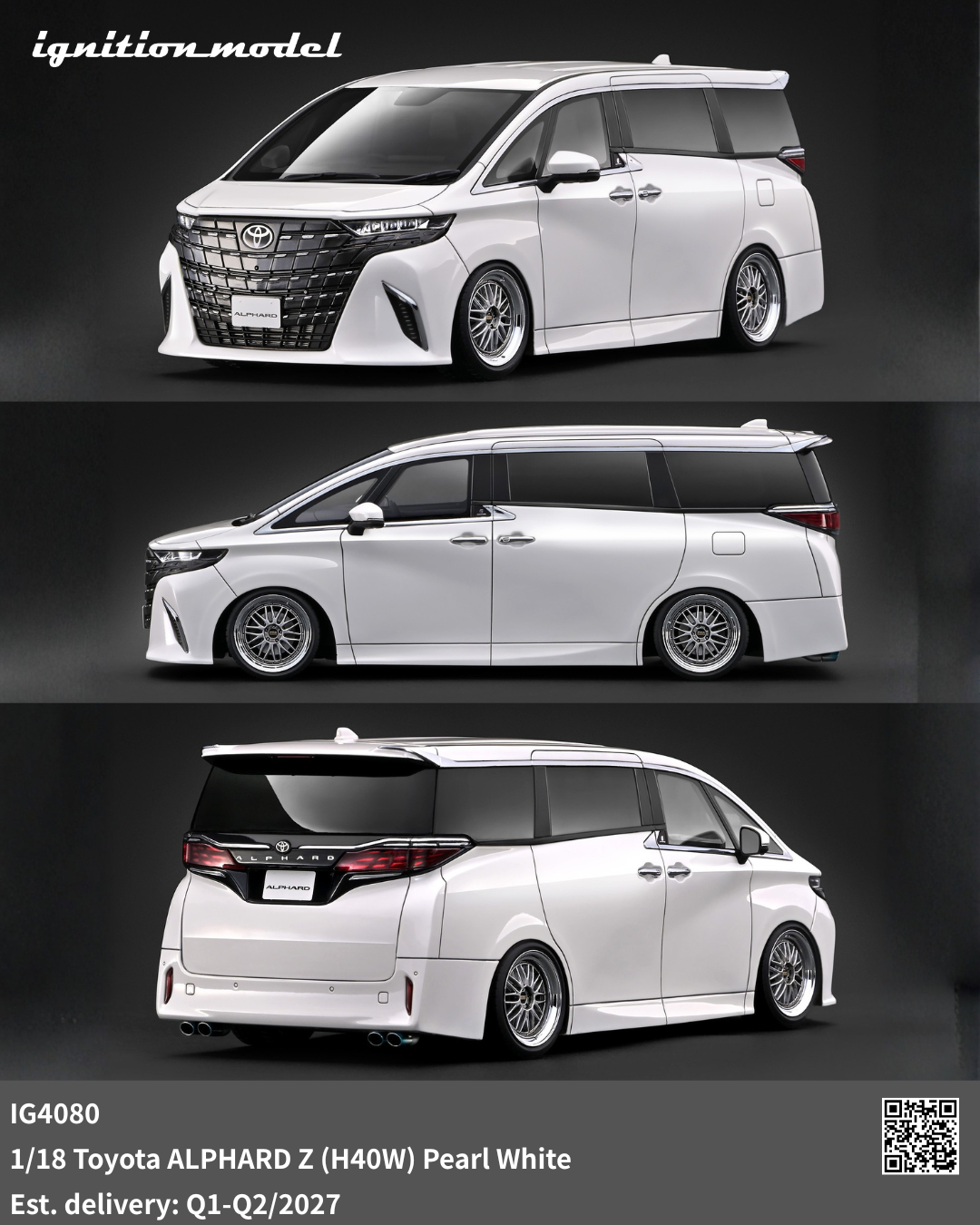Three studio views of a white Toyota Alphard Z (H40W) minivan shown on a dark background, with text reading 'ignition_model' and product info at the bottom.