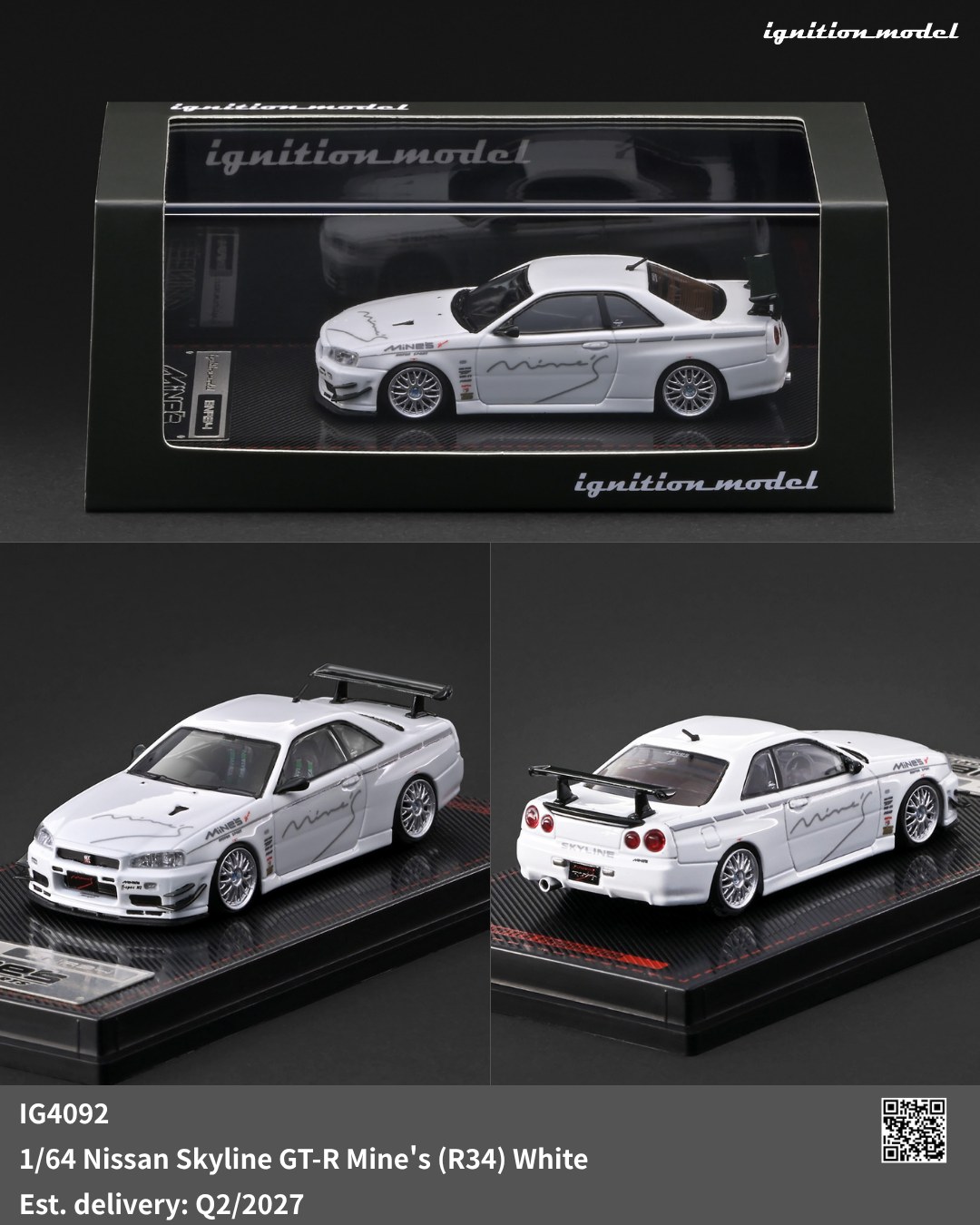 Ignition Model 1:64 Nissan Skyline GT-R Mine’s R34 White IG4092 diecast model car with Mine’s livery and rear wing, shown in display case and multiple angles.