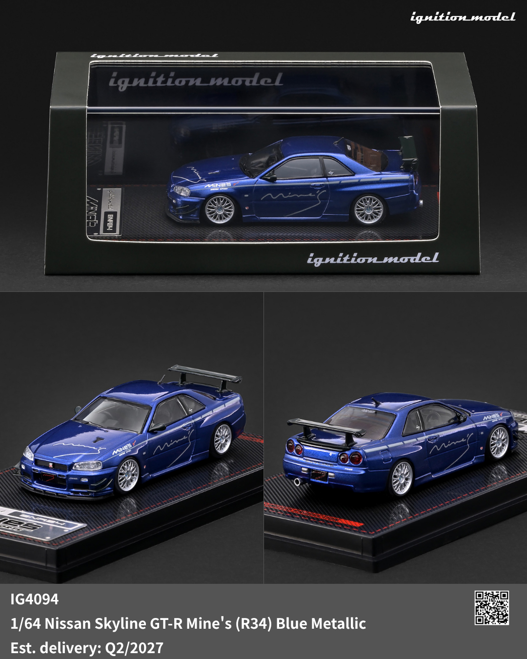 Ignition Model 1:64 Nissan Skyline GT-R Mine’s R34 Blue Metallic IG4094 diecast model shown in display case and multiple angles with Mine’s graphics and rear wing.