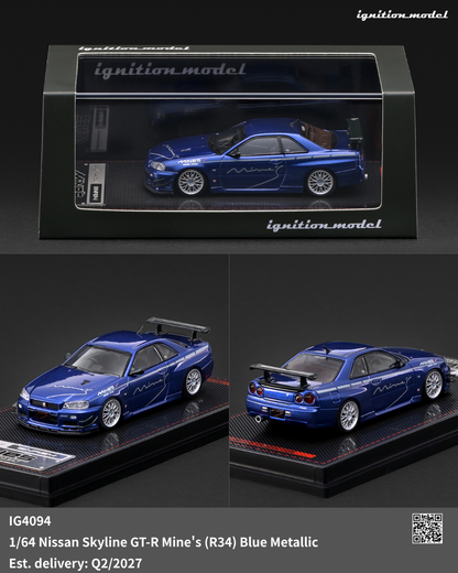 Ignition Model 1:64 Nissan Skyline GT-R Mine’s R34 Blue Metallic IG4094 diecast model shown in display case and multiple angles with Mine’s graphics and rear wing.