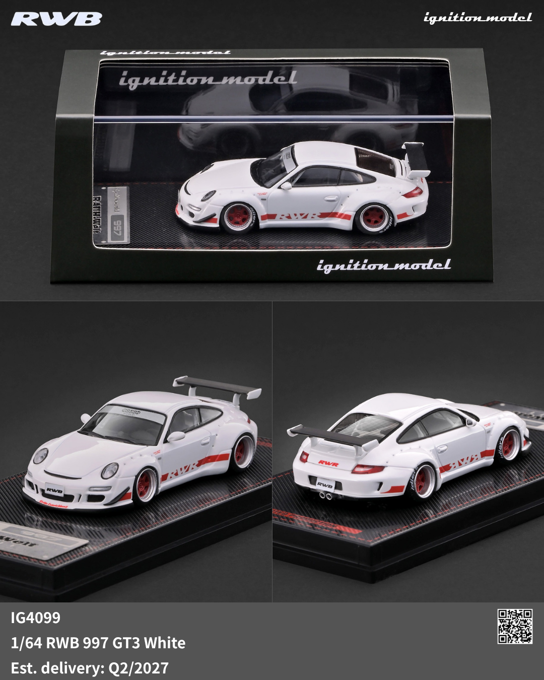 Ignition Model 1:64 RWB Porsche 997 GT3 White IG4099 diecast model with red RWB graphics and wheels, shown in display case and multiple angles.