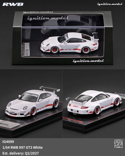 Ignition Model 1:64 RWB Porsche 997 GT3 White IG4099 diecast model with red RWB graphics and wheels, shown in display case and multiple angles.
