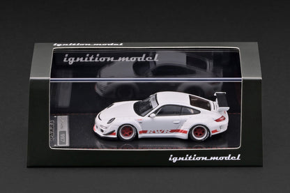 Ignition Model 1:64 RWB Porsche 997 GT3 White IG4099 diecast model displayed in its presentation case, side view with red RWB graphics and wheels.