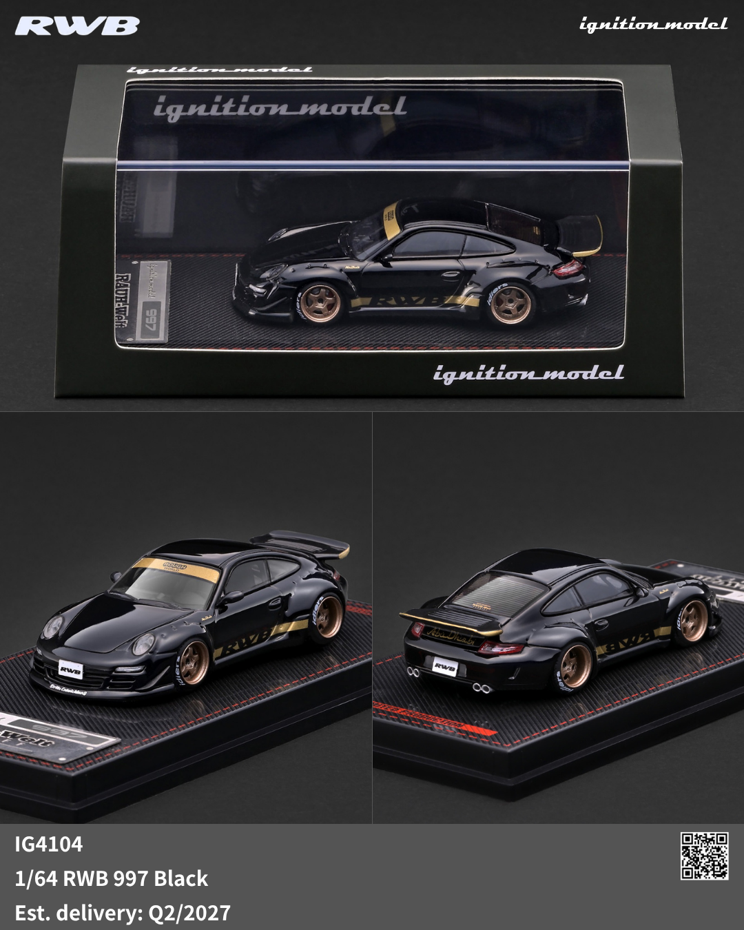 Ignition Model 1:64 RWB Porsche 997 Black IG4104 diecast model with gold accents and bronze wheels, shown in display case and multiple angles.