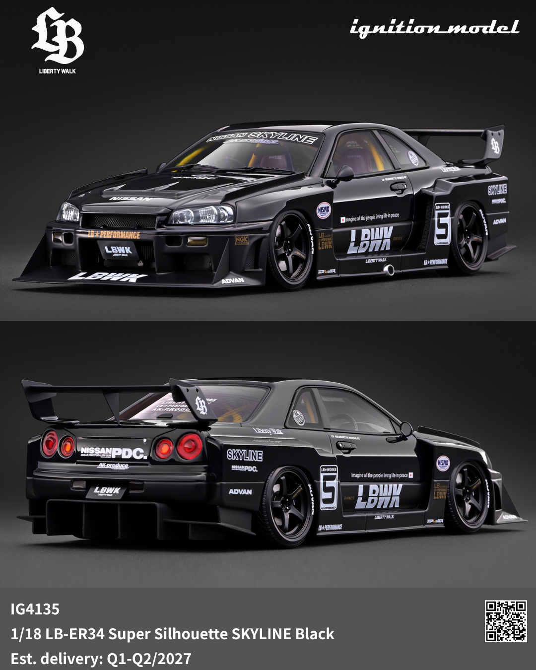 A 1/18 scale model car of the LB-ER34 Super Silhouette Skyline in black, shown from front and rear three-quarter angles. The model features detailed livery with 'LBWX' and 'Ignition Model' branding, set against a dark studio background.