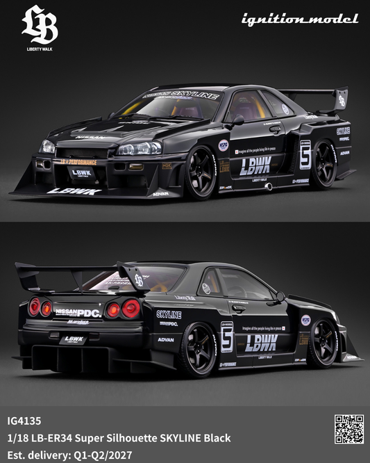 A 1/18 scale model car of the LB-ER34 Super Silhouette Skyline in black, shown from front and rear three-quarter angles. The model features detailed livery with 'LBWX' and 'Ignition Model' branding, set against a dark studio background.