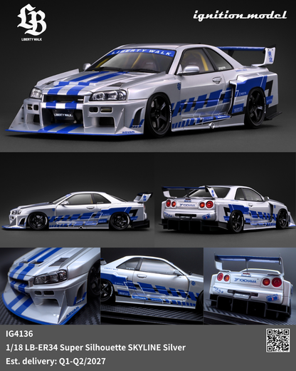 A collage showing a 1/18 scale model car of the LB-ER34 Super Silhouette Skyline in silver with blue racing stripes and decals. Multiple views of the model are displayed against a dark studio background, with the 'LB' and 'Ignition Model' logos visible.