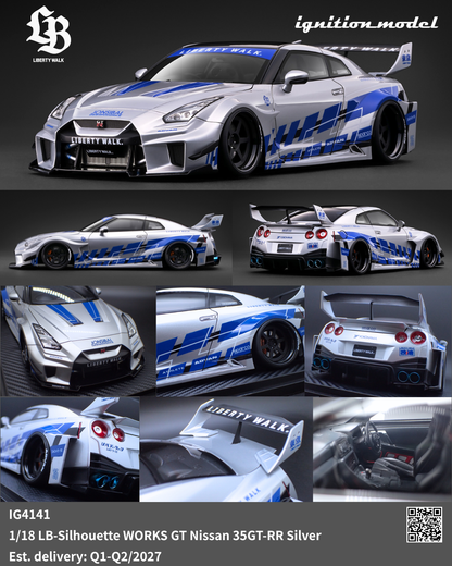 A collage showing multiple views of a silver Nissan GT-R style sports car with blue and white racing livery, plus a small 1/18 scale model version and branding text for Liberty Walk and ignitionmodel.