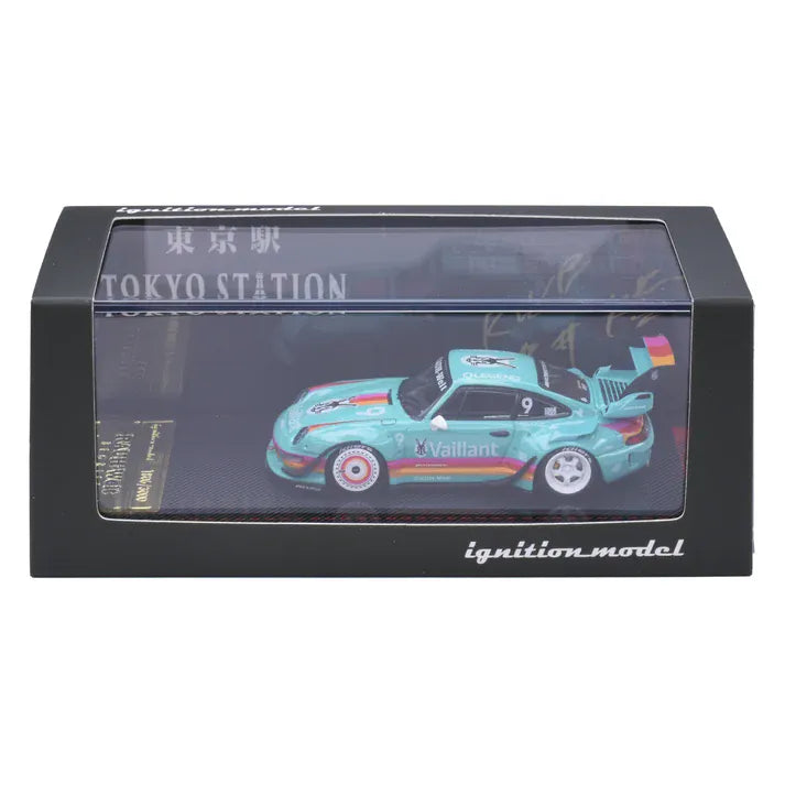 Ignition Model Porsche 911 993 RWB 1:64 resin model in turquoise Vaillant racing livery #9, Tokyo Station exclusive IG4142, displayed in collector case.