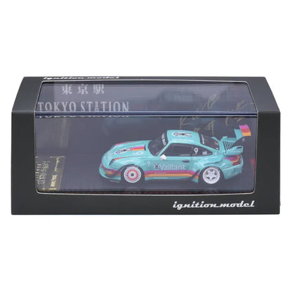 Ignition Model Porsche 911 993 RWB 1:64 resin model in turquoise Vaillant racing livery #9, Tokyo Station exclusive IG4142, displayed in collector case.