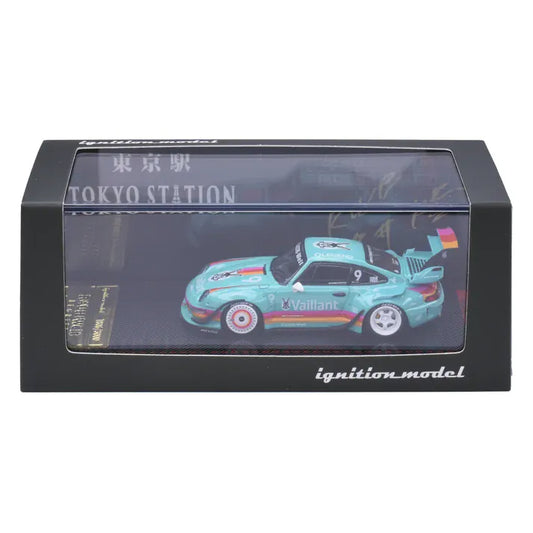 Ignition Model Porsche 911 993 RWB 1:64 resin model in turquoise Vaillant racing livery #9, Tokyo Station exclusive IG4142, displayed in collector case.