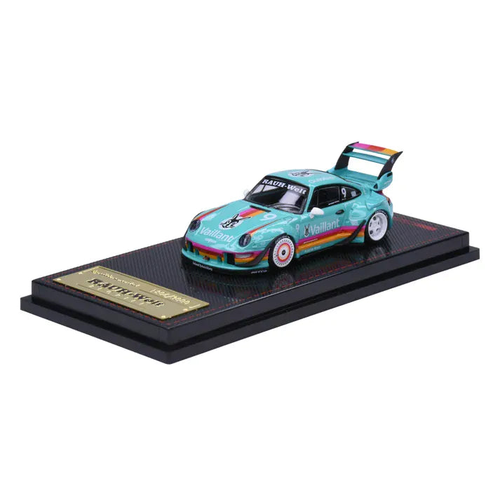 Ignition Model Porsche 911 993 RWB 1:64 resin model in turquoise Vaillant racing livery #9, Tokyo Station exclusive IG4142, with white wheels and large rear wing on display base.