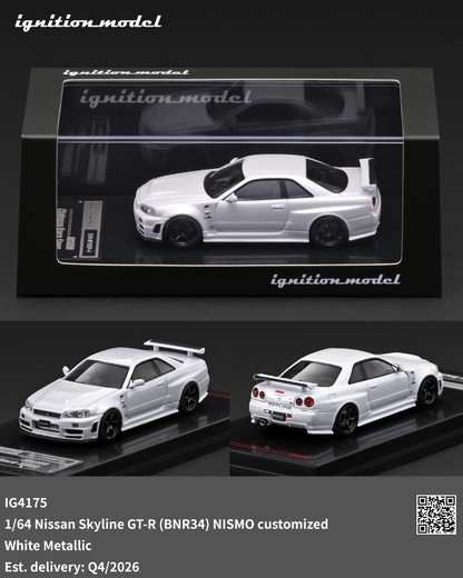 White model car on a black stand with 'ignition model' branding