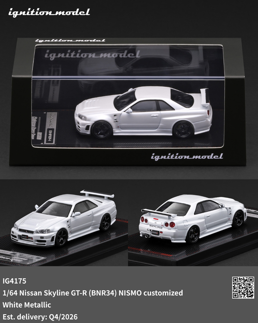 White model car on a black stand with 'ignition model' branding