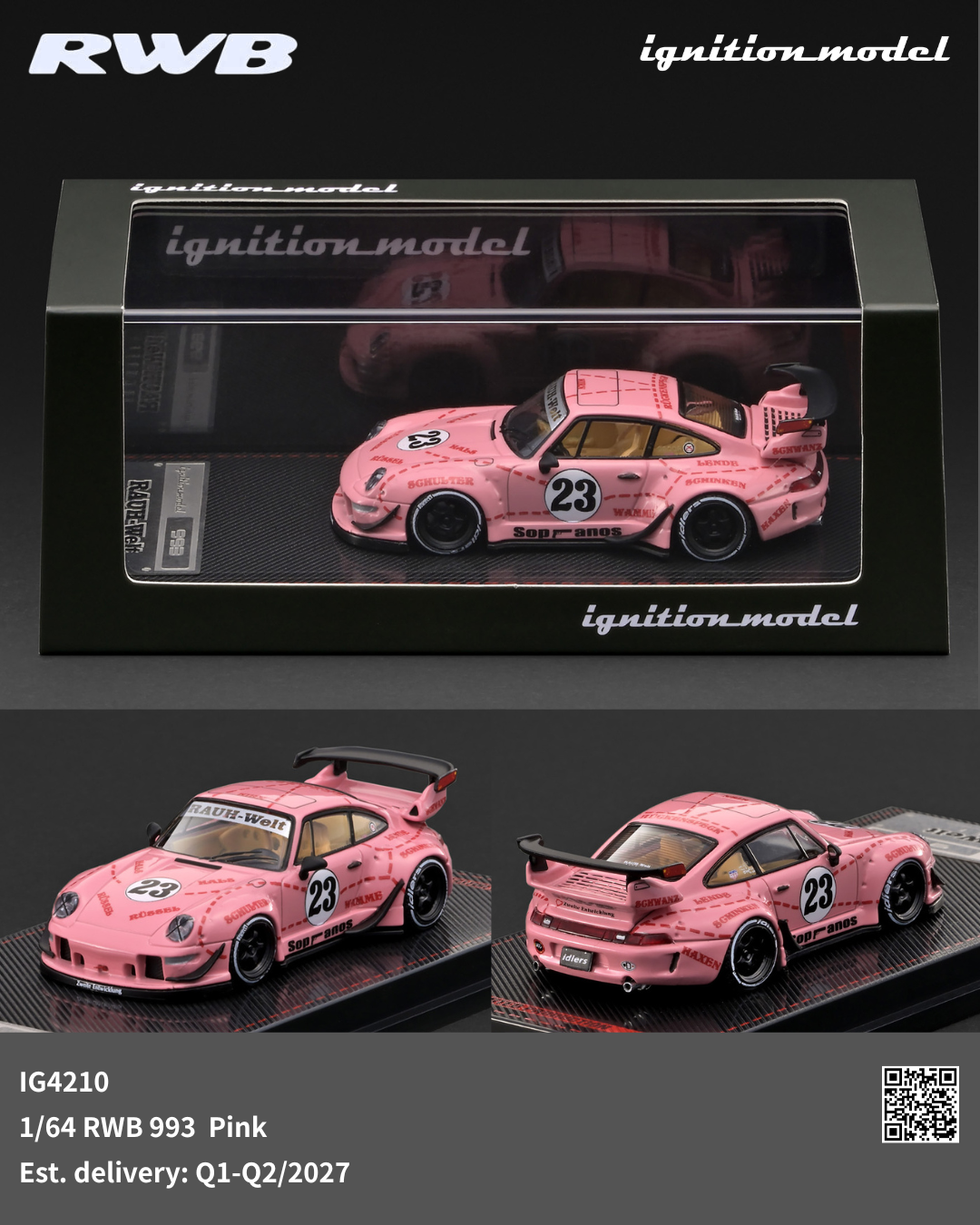A pink 1/64 scale diecast model car of RWB 993 with number 23 livery, shown in its black display box at the top and as two smaller front/three-quarter rear views at the bottom. The brand logos 'RWB' and 'ignition_model' are visible.