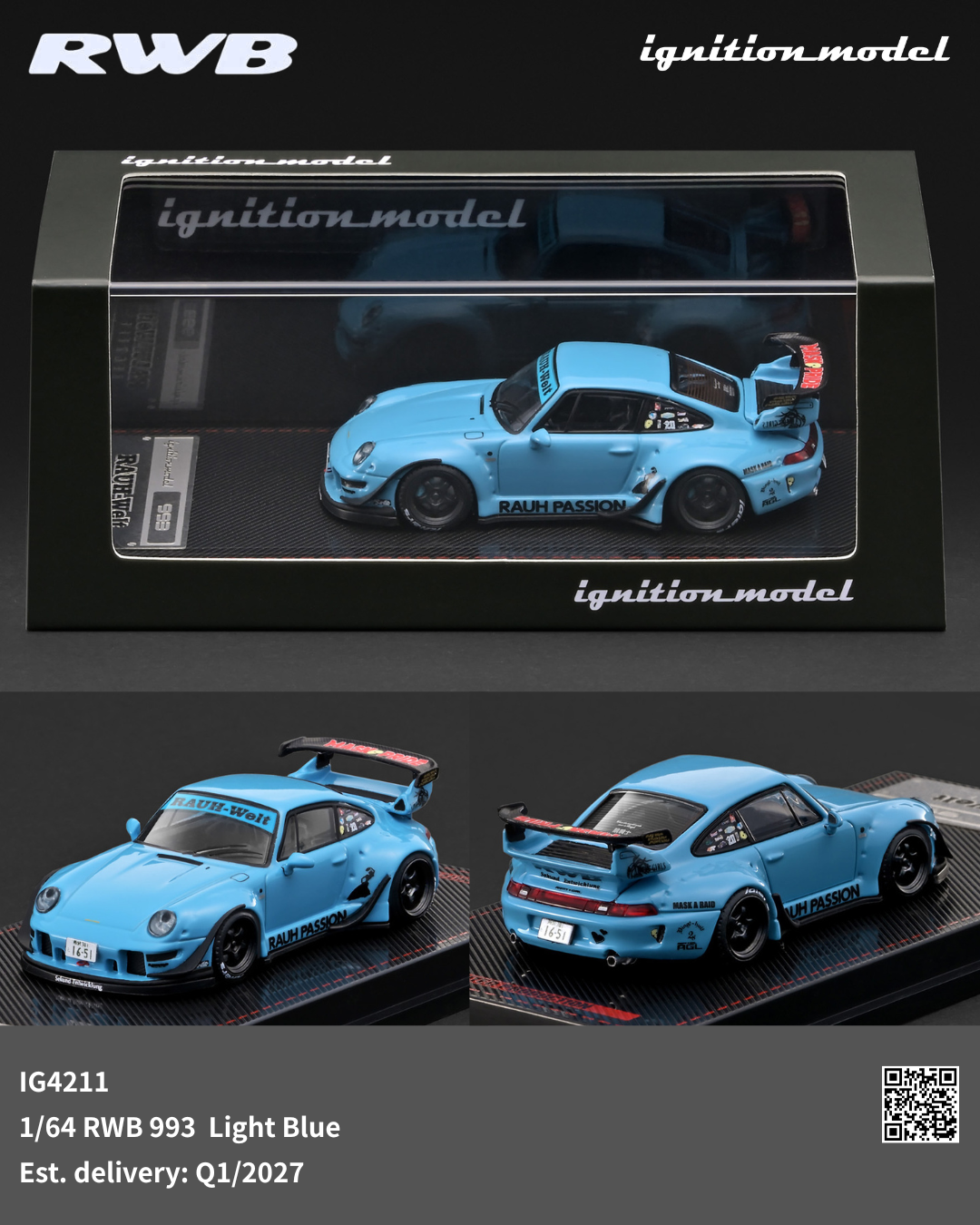 Light blue model car with RWB branding on a black background