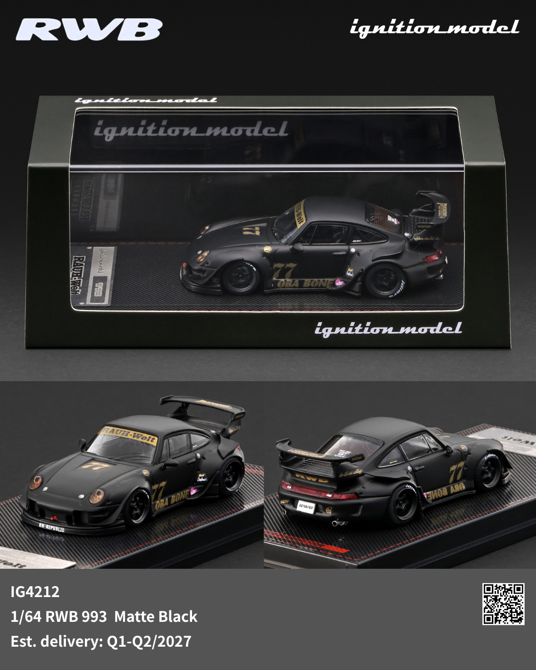 RWB 1/64 scale model car of the 1993 Porsche 911 R, finished in matte black with gold and white racing decals. The image shows the model in its original display packaging at the top, and two separate views of the car on a carbon-fiber base at the bottom, with product details and branding text overlays.