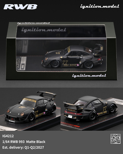 RWB 1/64 scale model car of the 1993 Porsche 911 R, finished in matte black with gold and white racing decals. The image shows the model in its original display packaging at the top, and two separate views of the car on a carbon-fiber base at the bottom, with product details and branding text overlays.