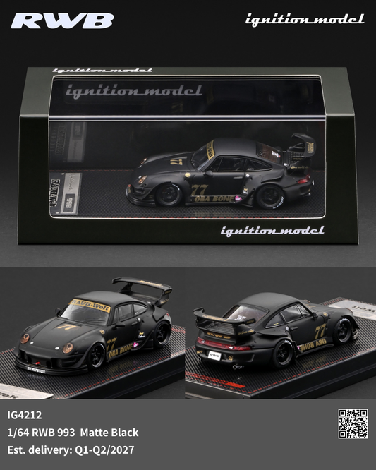 RWB 1/64 scale model car of the 1993 Porsche 911 R, finished in matte black with gold and white racing decals. The image shows the model in its original display packaging at the top, and two separate views of the car on a carbon-fiber base at the bottom, with product details and branding text overlays.