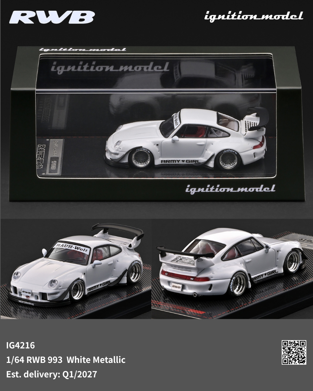 Model car in white metallic finish with RWB branding on a black background