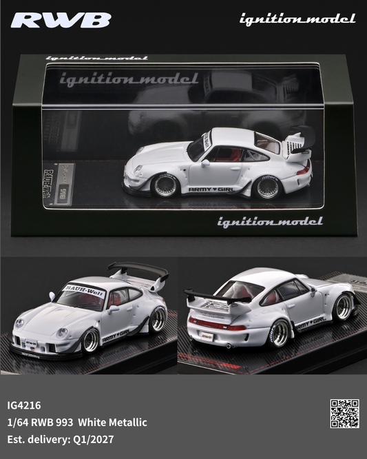 Model car in white metallic finish with RWB branding on a black background