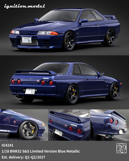 A dark blue metallic Nissan R32 GT-S car shown from multiple angles in a catalog-style composite, with close-up detail panels along the bottom. Text at the top left reads 'ignition_model', and the bottom text identifies the model as '1/18 BNR32 S&S Limited Version Blue Metallic' with delivery estimates.