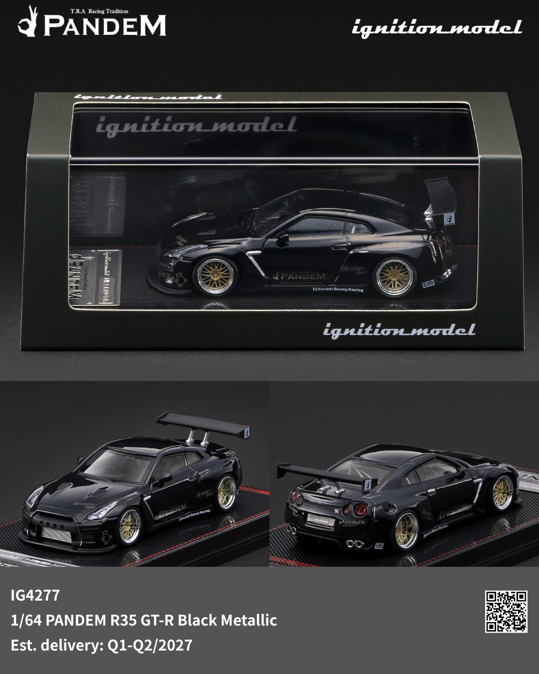 PanDEM 1/64 scale model car of the R35 GT-R in Black Metallic, shown in its black display box at the top and as two 3D model views at the bottom. The car features gold wheels and detailed graphics, with 'ignition_model' branding visible.