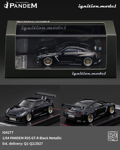 PanDEM 1/64 scale model car of the R35 GT-R in Black Metallic, shown in its black display box at the top and as two 3D model views at the bottom. The car features gold wheels and detailed graphics, with 'ignition_model' branding visible.