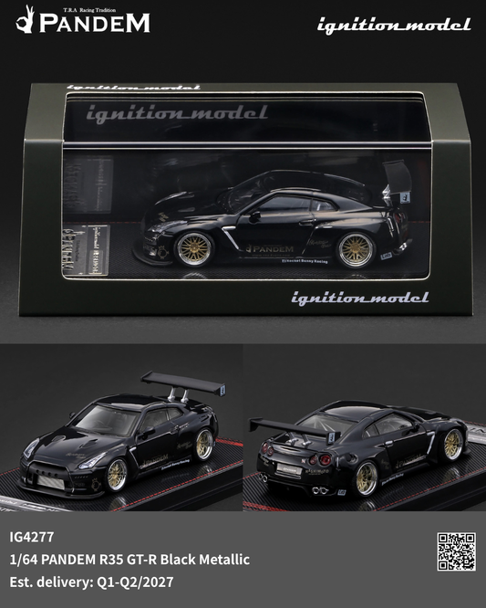 PanDEM 1/64 scale model car of the R35 GT-R in Black Metallic, shown in its black display box at the top and as two 3D model views at the bottom. The car features gold wheels and detailed graphics, with 'ignition_model' branding visible.