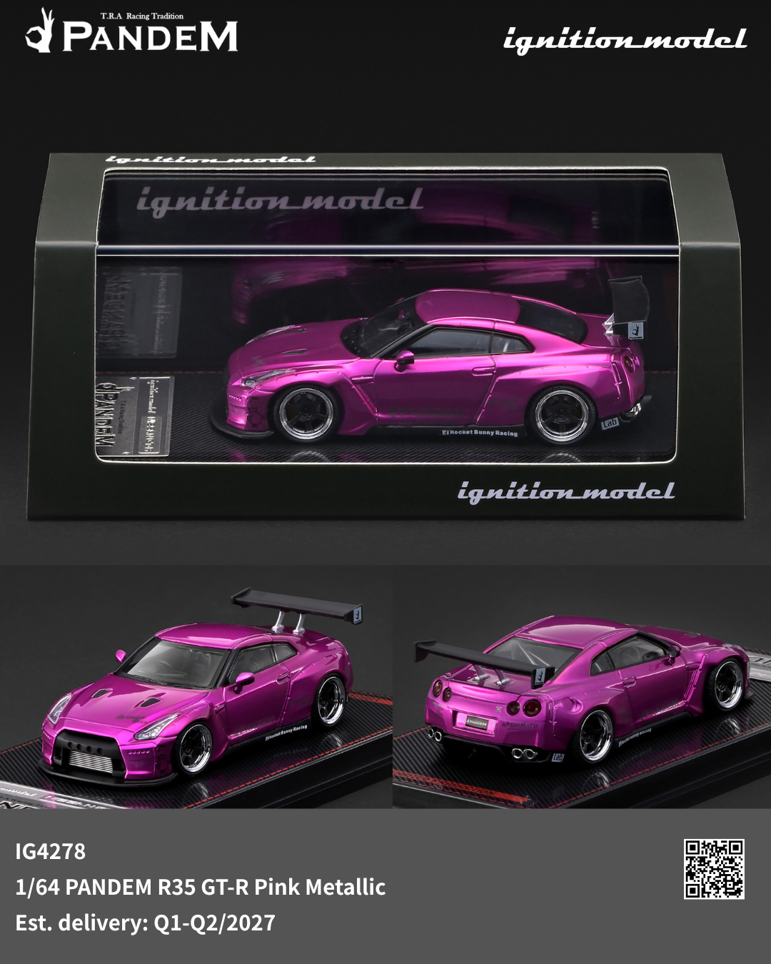 PANDEM 1/64 scale model car of a R35 GT-R in metallic pink, shown in its original window box packaging and also displayed in two separate views below on a dark background.