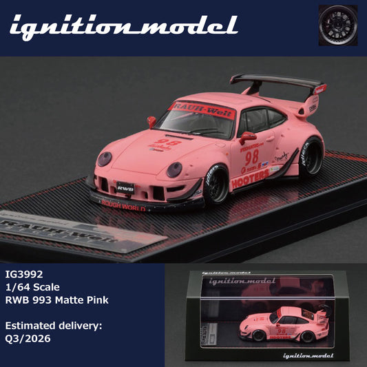 Matte Pink RWB 993 model car on a black platform with 'ignition model' branding.